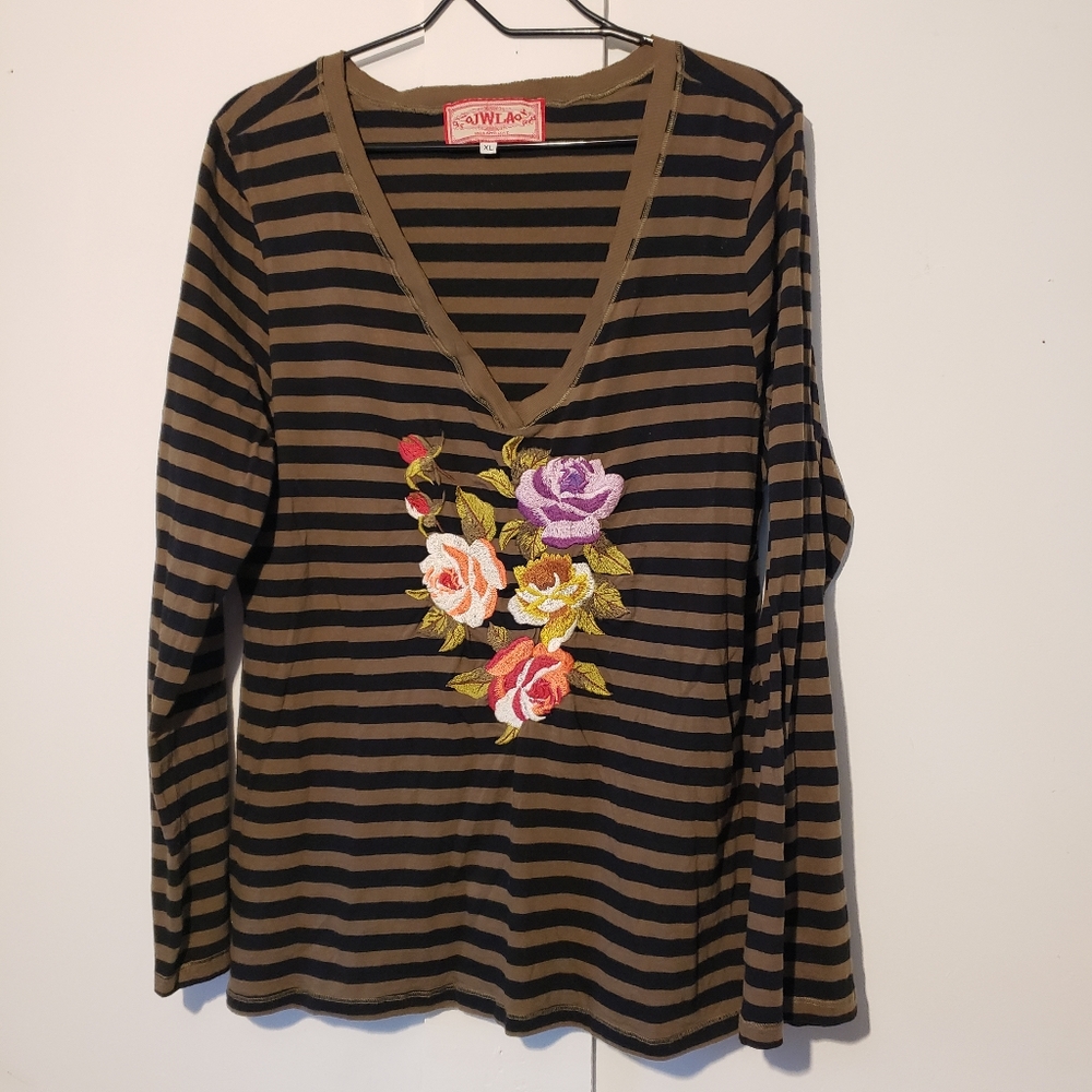 Johnny Was striped floral embroidered top